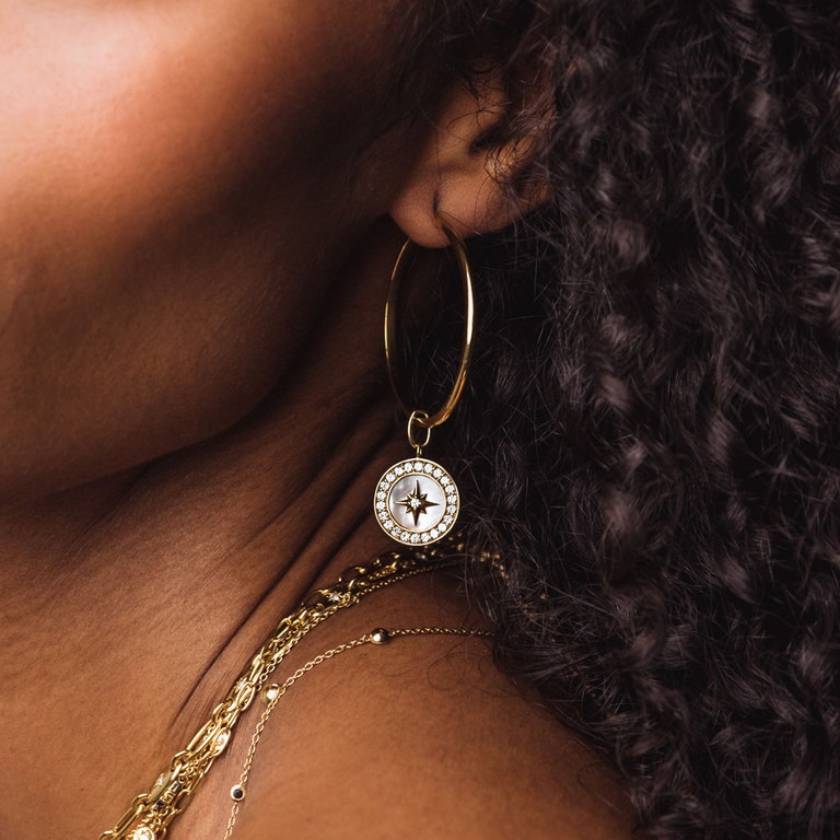 North Star Polaris Large Compass Drop Hoops - Mother of Pearl | Yellow Gold | Astley Clarke London