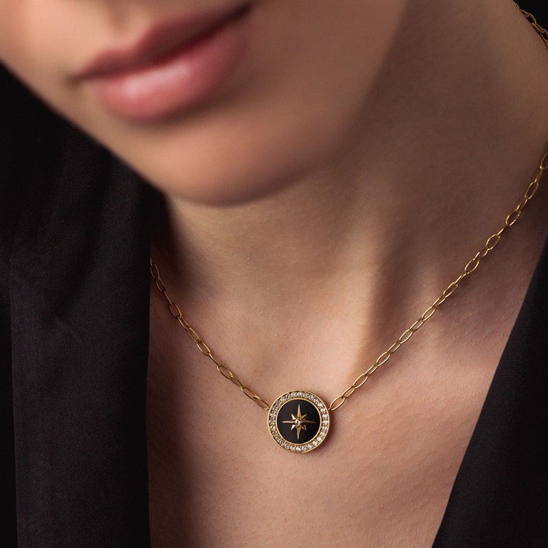 North Star Polaris Large Compass Pendant - Black Onyx | Yellow Gold | Astley Clarke London