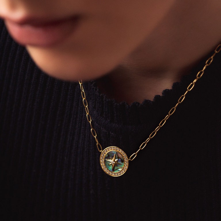 North Star Polaris Large Compass Abalone Pendant | Yellow Gold | Astley Clarke London