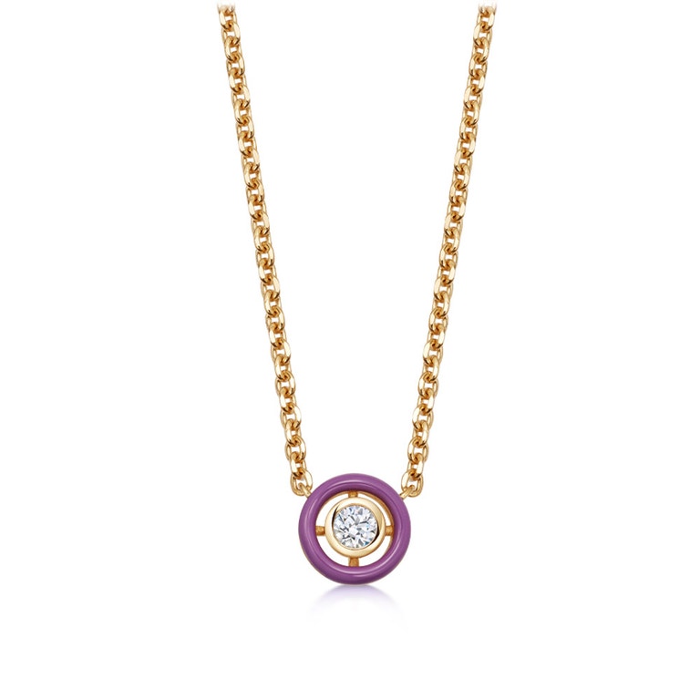 purple circular enamel with sapphire, on a gold chain