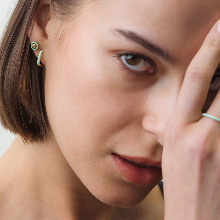 Gold Cirque Green Enamel Huggie Earrings