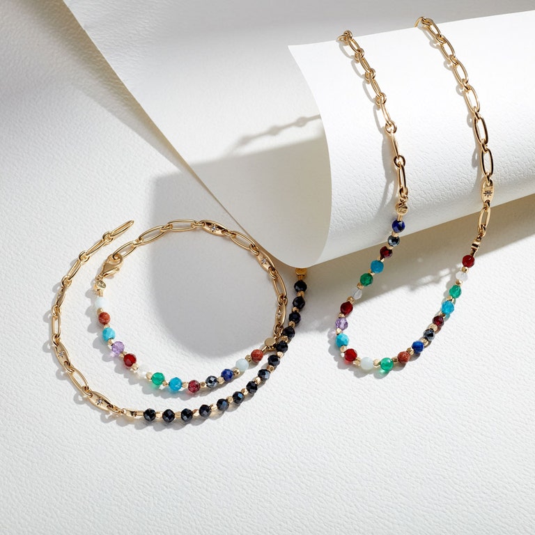 Gold Biography Orbit Rainbow Star Set Necklace
