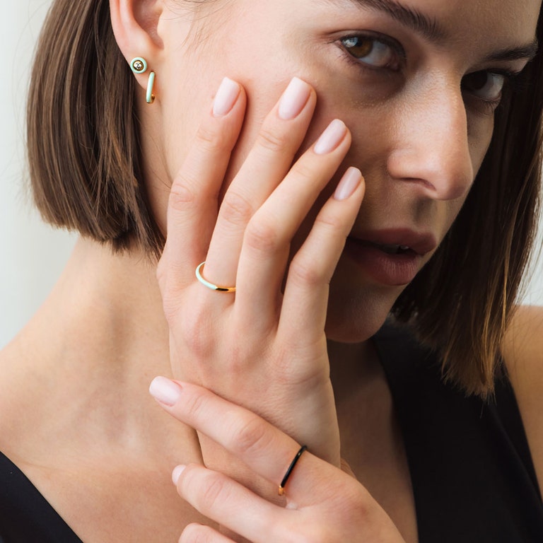 Gold Cirque Green Enamel Huggie Earrings