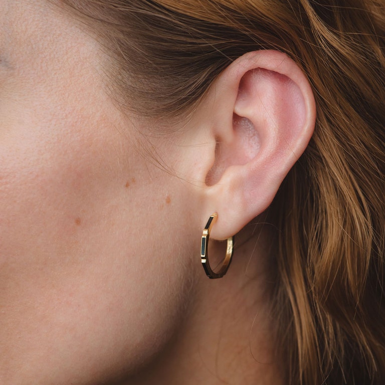 Gold Aubar Black Enamel Hoop Earrings