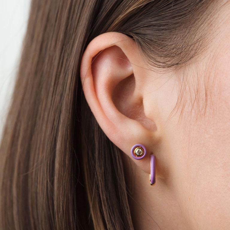 Gold Cirque Purple Enamel Huggie Earrings