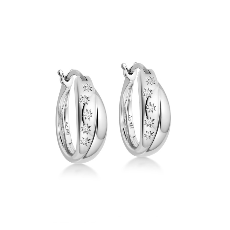 Silver Celestial Tiny Star Twisted Hoop Earrings