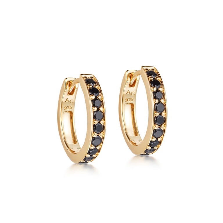 Mini Oval Eternity Black Spinel Hoop Earrings IN Yellow GOLD VERMEIL