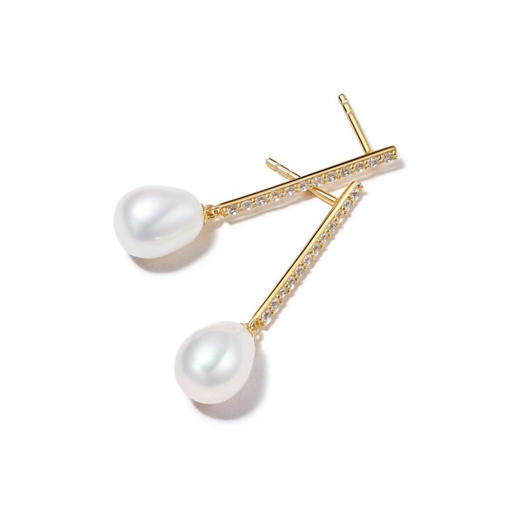 Biography Pearl and Sapphire Drop Studs in Yellow Gold Vermeil