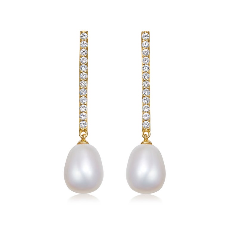 Biography Pearl and Sapphire Drop Studs in Yellow Gold Vermeil