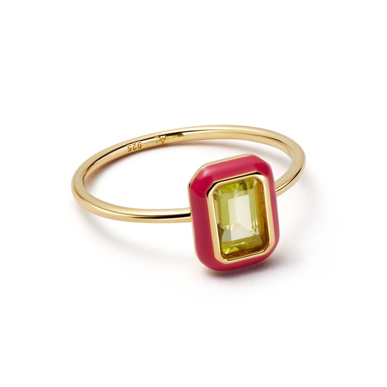 pink enamel ring with yellow gemstone