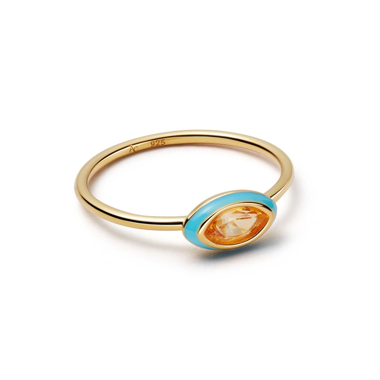 citrine gemstone and blue enamel gold stacking ring