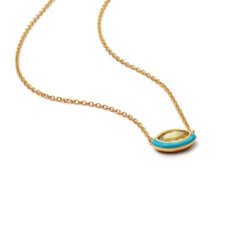 yellow gold vermeil pendant necklace with blue enamel and peridot gemstone