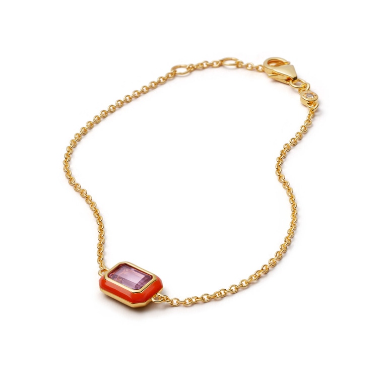 orange enamel and amethyst chain bracelet in yellow gold vermeil