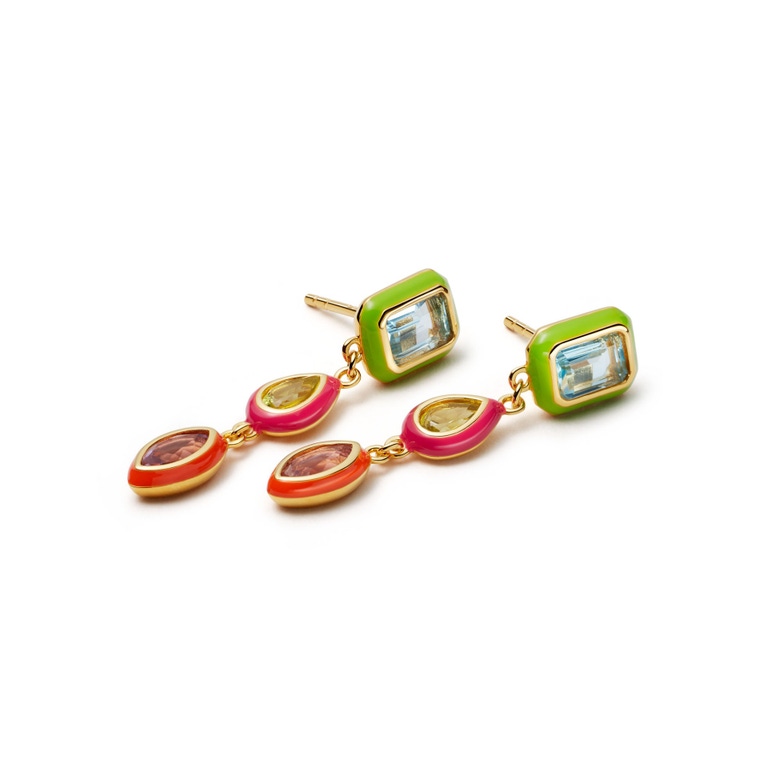 gold drop earrings with neon enamel, topz, citrine and garnet stones