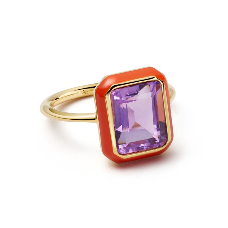 18ct yellow gold vermeil cocktail ring with amethyst and orange enamel