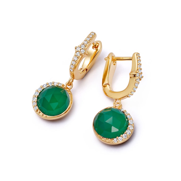 Gold Luna Green Chalcedony Drop Earrings