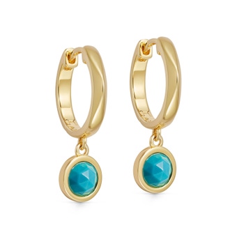 Add a touch of elegance with Gold Deco Faceted Turquoise Drop Hoop Earrings. Radiate sophistication with this exquisite accessory.