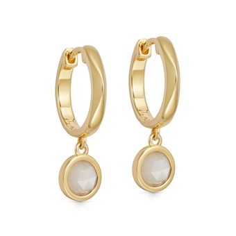 Elevate your style with our Gold Deco Faceted Moonstone Drop Hoop Earrings. Exquisite craftsmanship meets timeless elegance. Shop now!