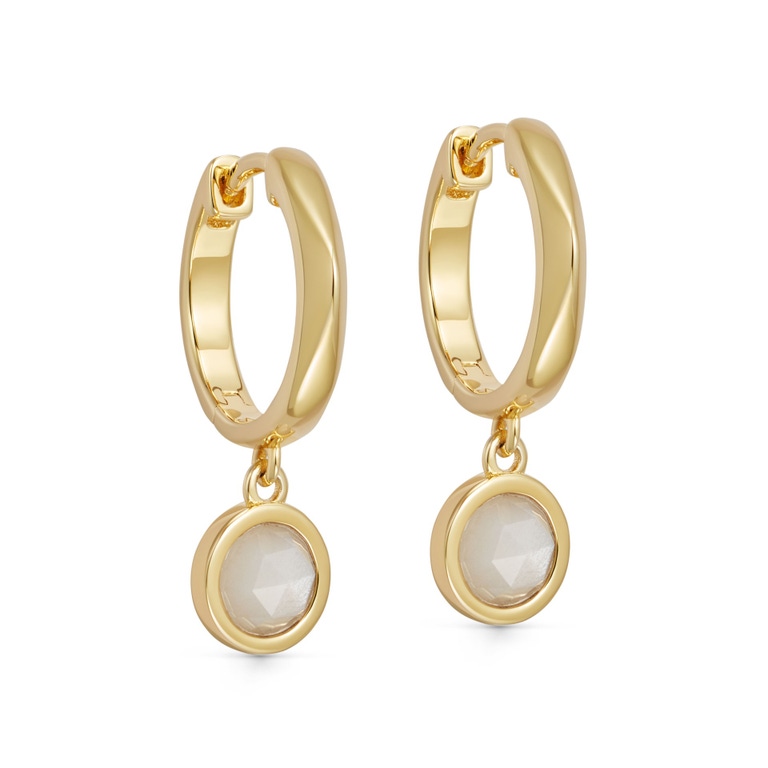 Elevate your style with our Gold Deco Faceted Moonstone Drop Hoop Earrings. Exquisite craftsmanship meets timeless elegance. Shop now!