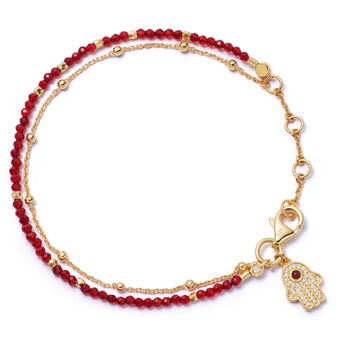 Gold Fine Biography Red Carnelian Hamsa Hand Bracelet