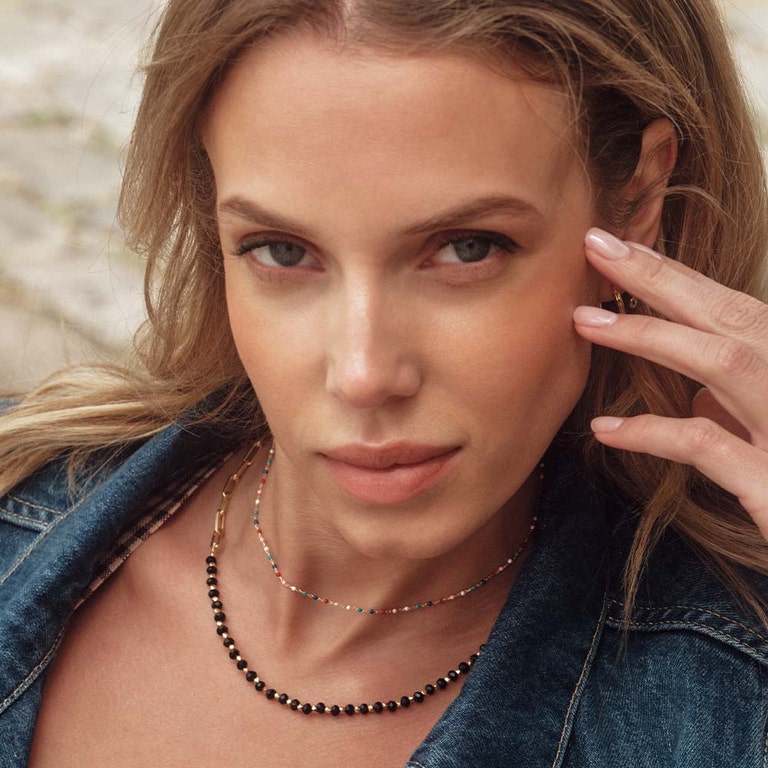Gold Biography Black Onyx and Square Link Necklace