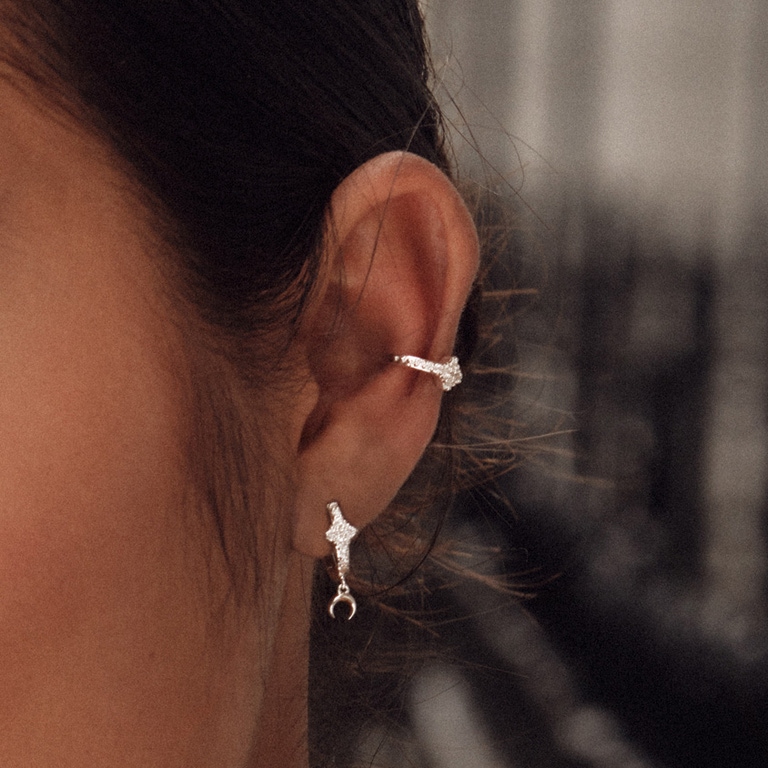 Silver Luna Crescent Drop Huggie Earrings 