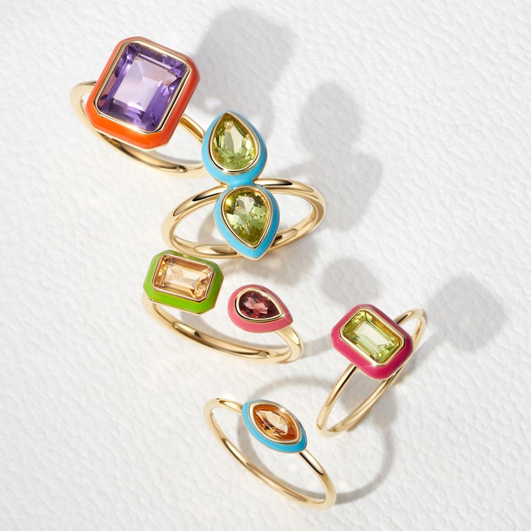 colourful cocktail rings in yellow gold vermeil with enamel