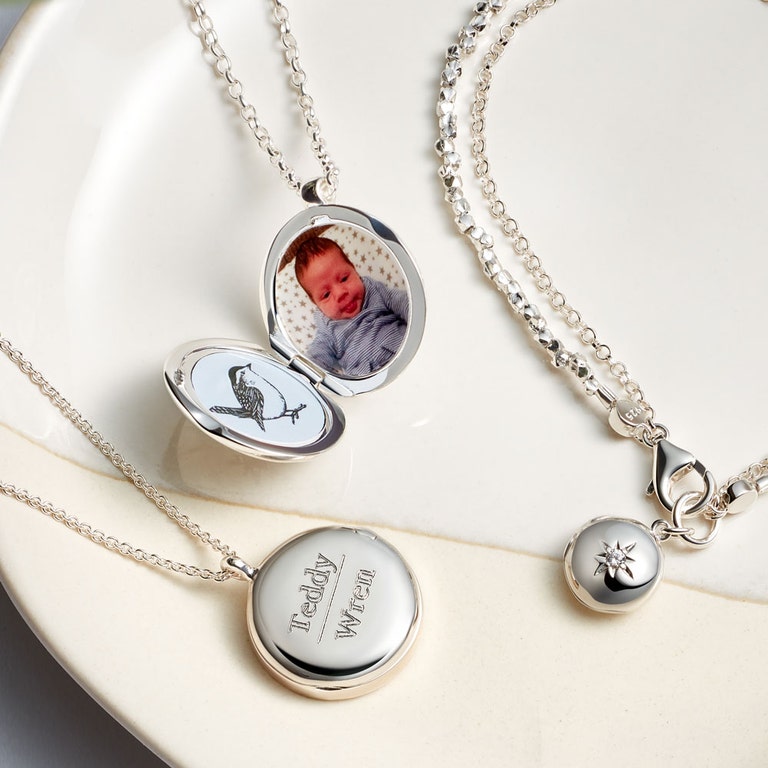 silver personalised jewellery with photo locket and personalised necklace