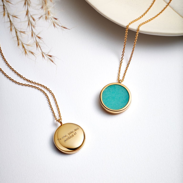 Gold Amazonite Locket Necklace with personalised gold photo locket necklace