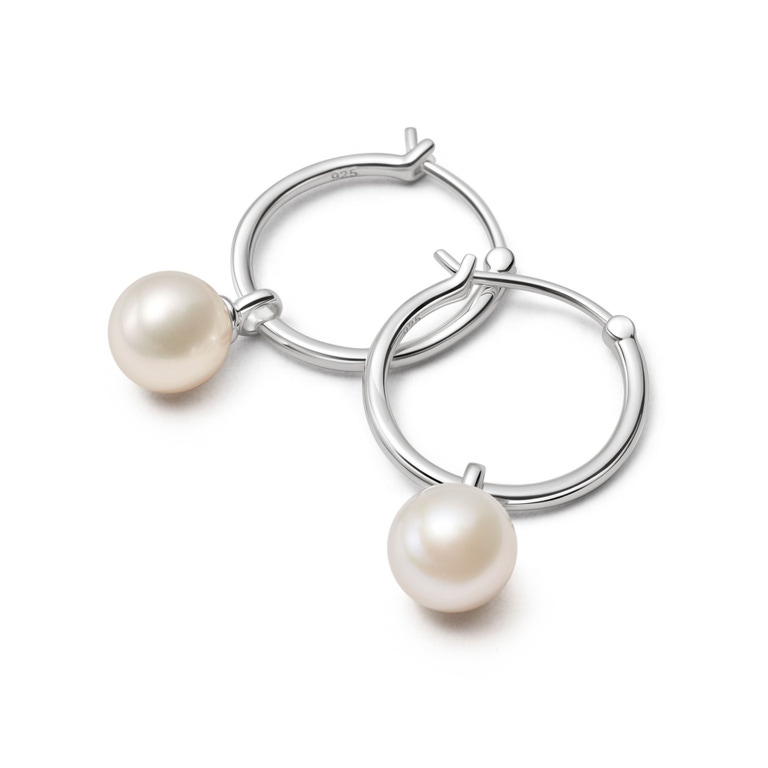 Sterling Silver White Pearl Drop Hoop Earrings