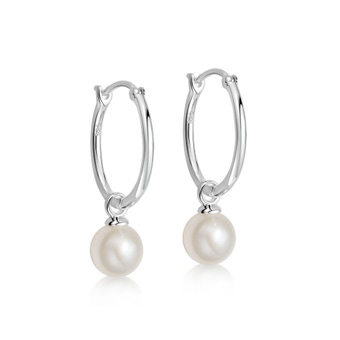 Silver Stilla White Pearl Drop Hoop Earrings