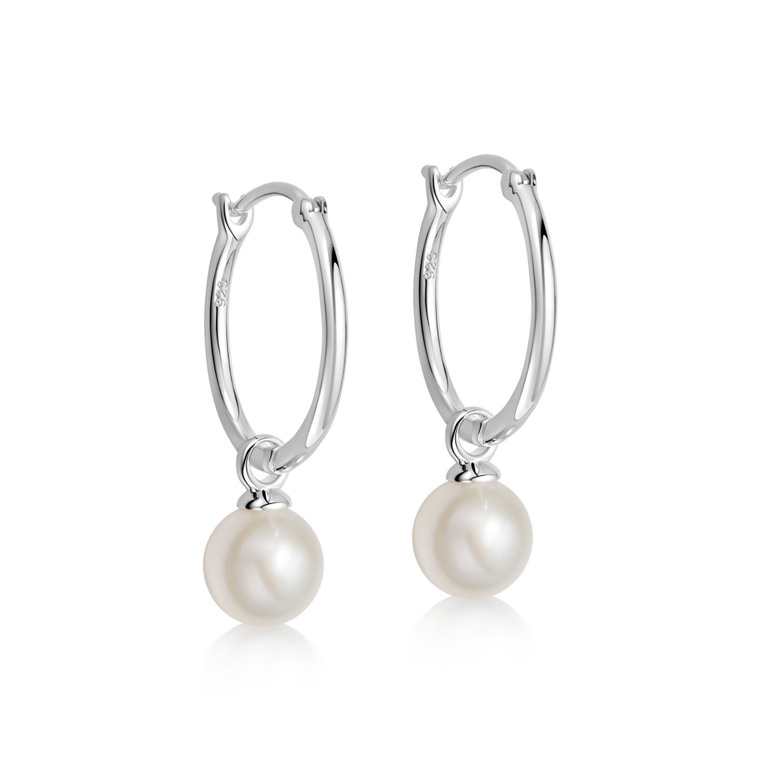 Silver Stilla White Pearl Drop Hoop Earrings