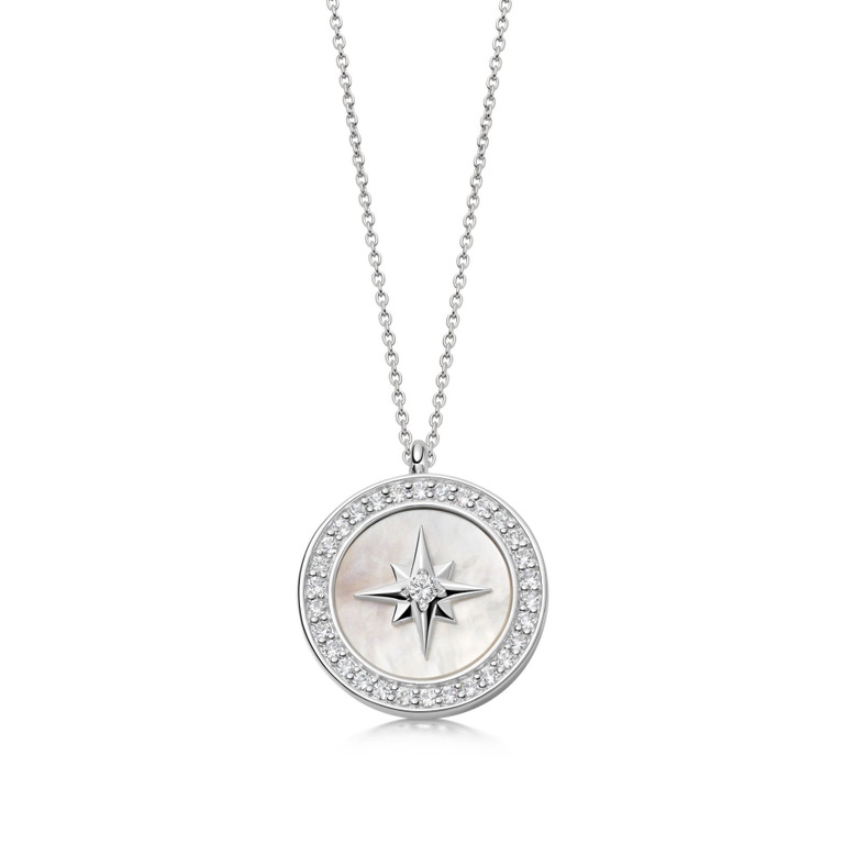 Large Polaris North Star Mother of Pearl Locket necklace in Sterling Silver