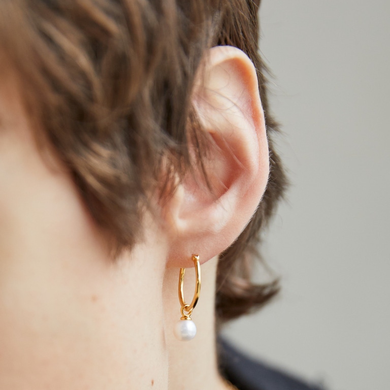 Vera Pearl Drop Hoop Earrings in Yellow Gold Vermeil