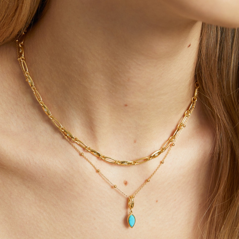 Gold Turquoise Marquise Charm Necklace Set