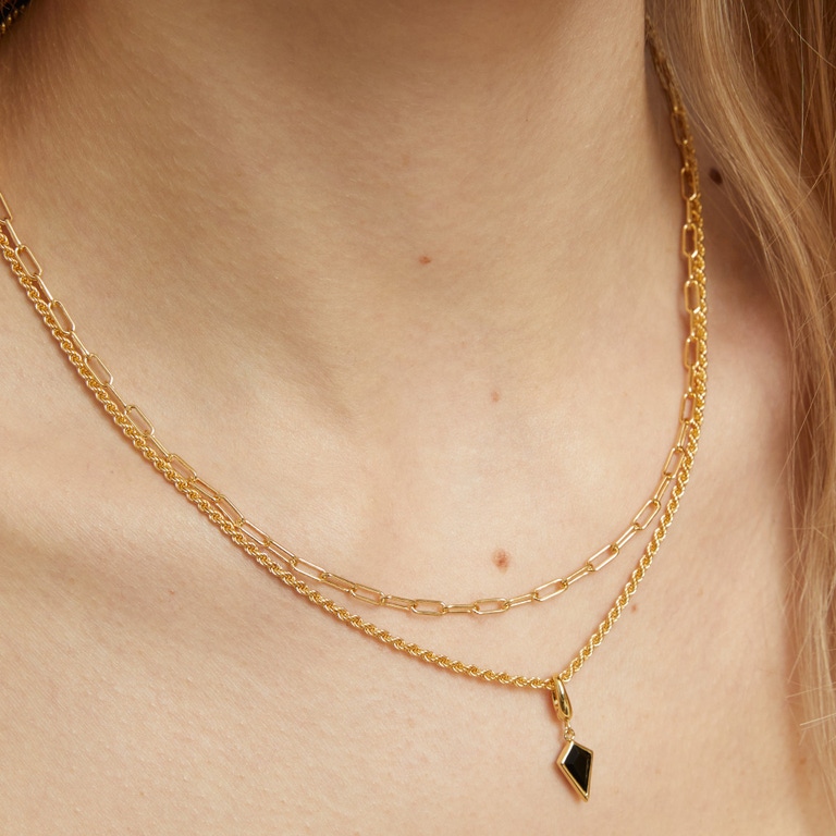 Gold Black Onyx Kite Charm Necklace Set