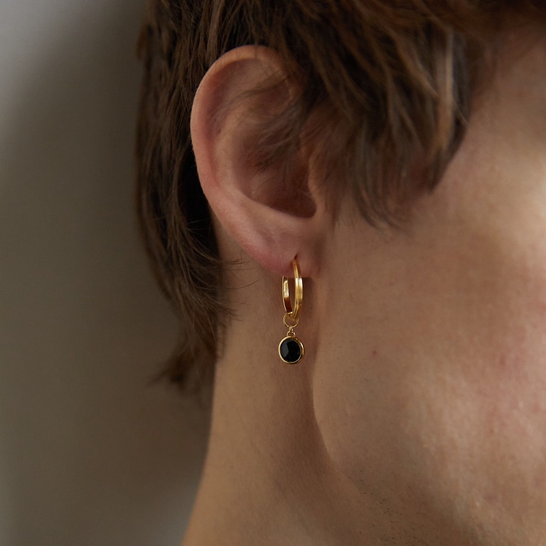 Gold Small Unisex Linia Hoop & Gold Black Onyx Charm Earring - Single