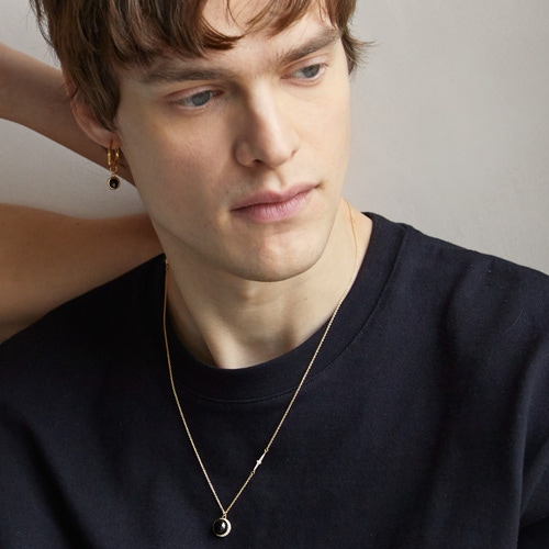 Gold Small Unisex Linia Hoop & Gold Black Onyx Charm Earring - Single