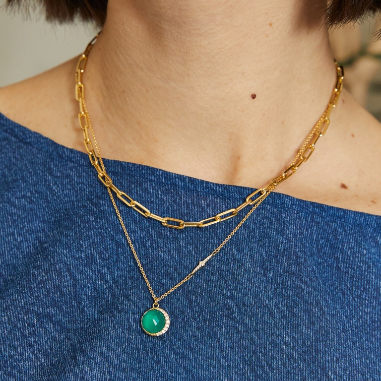 Gold Large Luna Green Chalcedony Pendant Necklace
