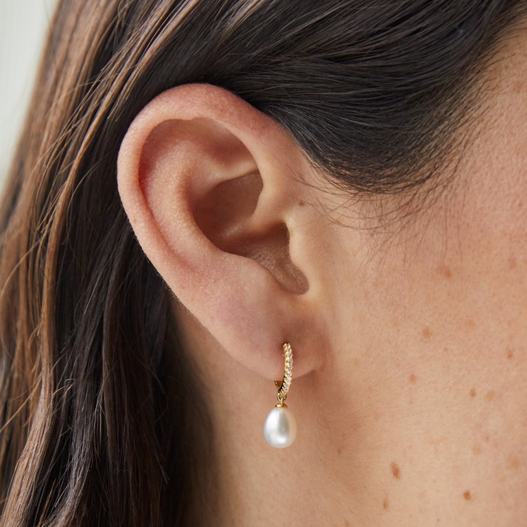 Gold Celestial White Sapphire Pearl Drop Huggie Earrings