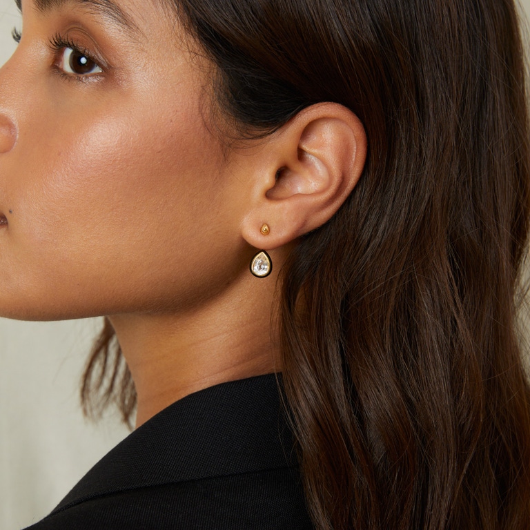 Gold Flare White Topaz Pear Cut Drop Ear Jacket Studs | Astley Clarke