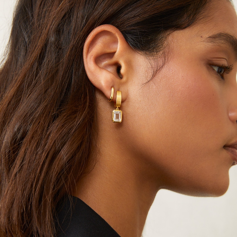 Gold Flare White Topaz Emerald Cut Drop Earrings | Astley Clarke