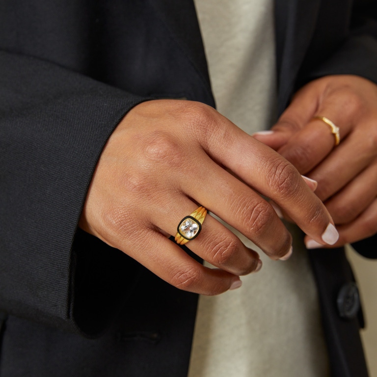 Gold Flare White Topaz Cushion Cut Signet Ring | Astley Clarke