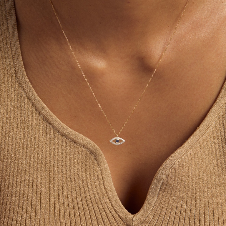 Solid Gold Sapphire Evil Eye Lab Grown Diamond Pendant Necklace