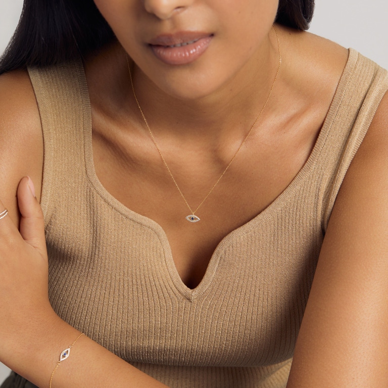 Solid Gold Sapphire Evil Eye Lab Grown Diamond Pendant Necklace