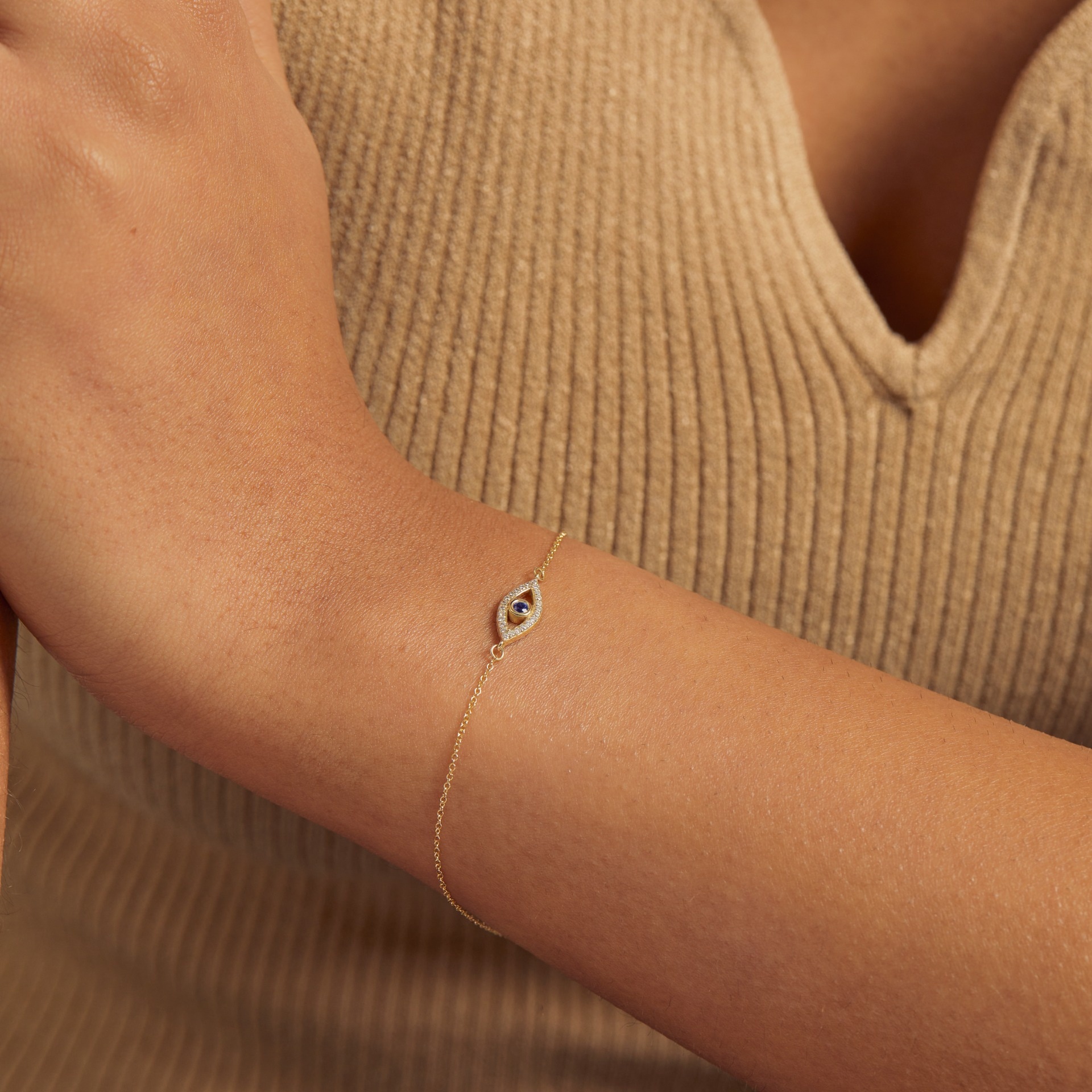 Solid Gold Lab Grown Diamond Sapphire Evil Eye Bracelet Astley clarke