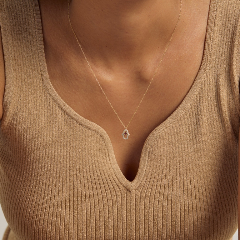 Solid Gold Ruby Hamsa Hand Lab Grown Diamond Pendant Necklace