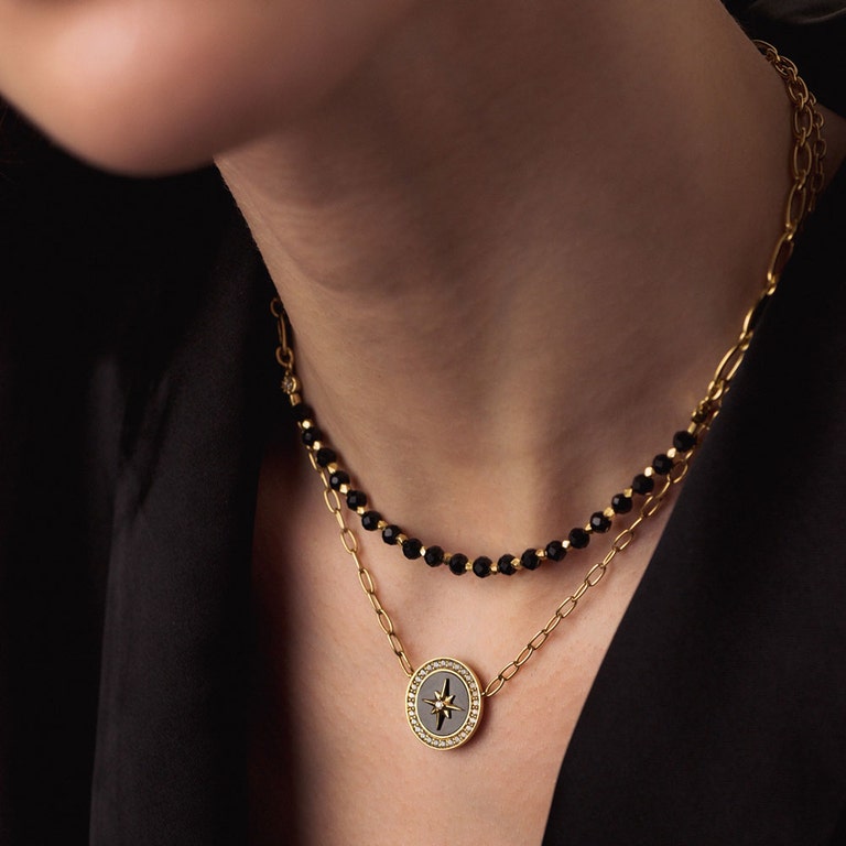 Orbit and Biography Black Spinel Star Set Necklace in Yellow Gold Vermeil | Astley Clarke