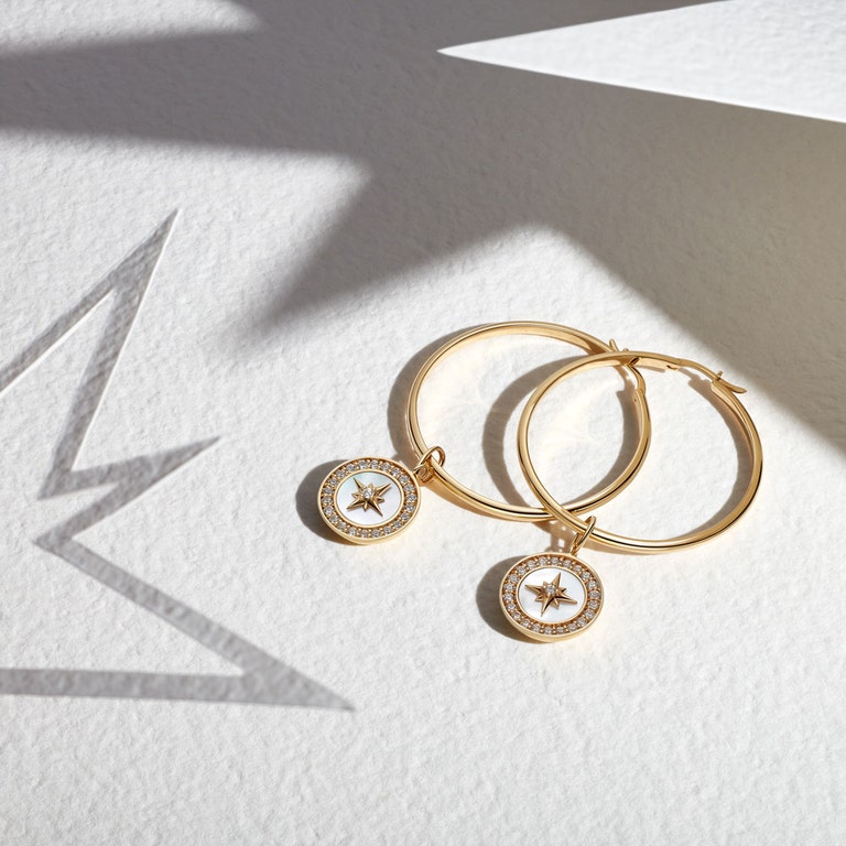 North Star Polaris Large Compass Drop Hoops - Mother of Pearl | Yellow Gold | Astley Clarke London