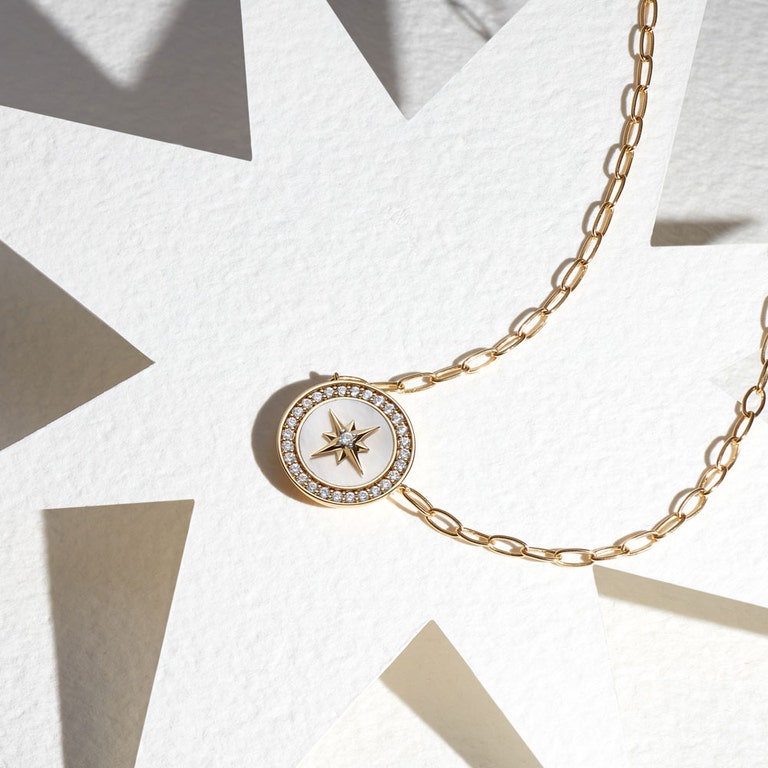 North Star Polaris Large Compass Pendant - Mother of Pearl| Yellow Gold | Astley Clarke London